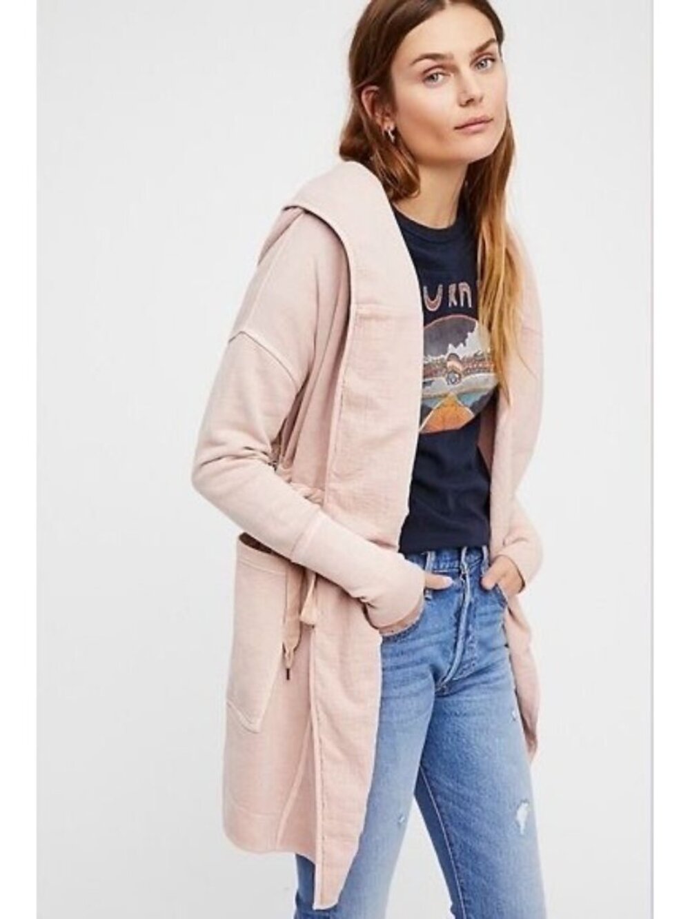 Free People Pink Relaxed Hooded Cardigan Jacket| Boho Coquette Coastal Grandma S - Picture 3 of 11